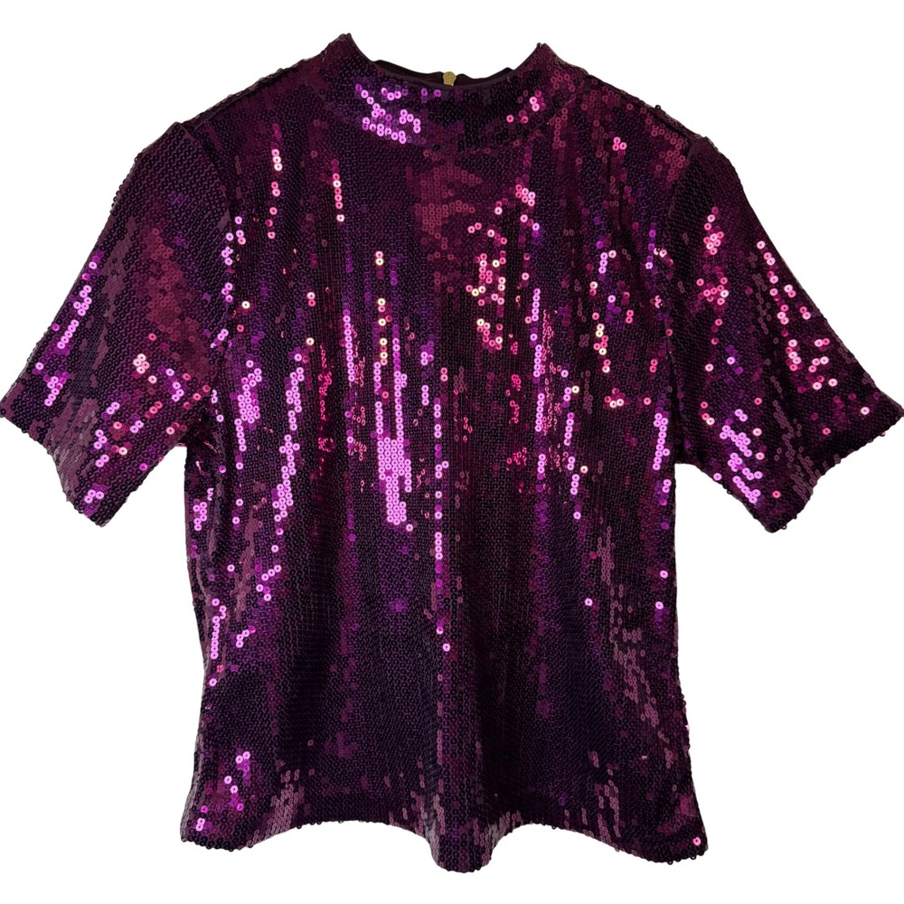 Michael Kors Womens Top Medium Sequin Short Sleeve Party Festive Purple Burgundy